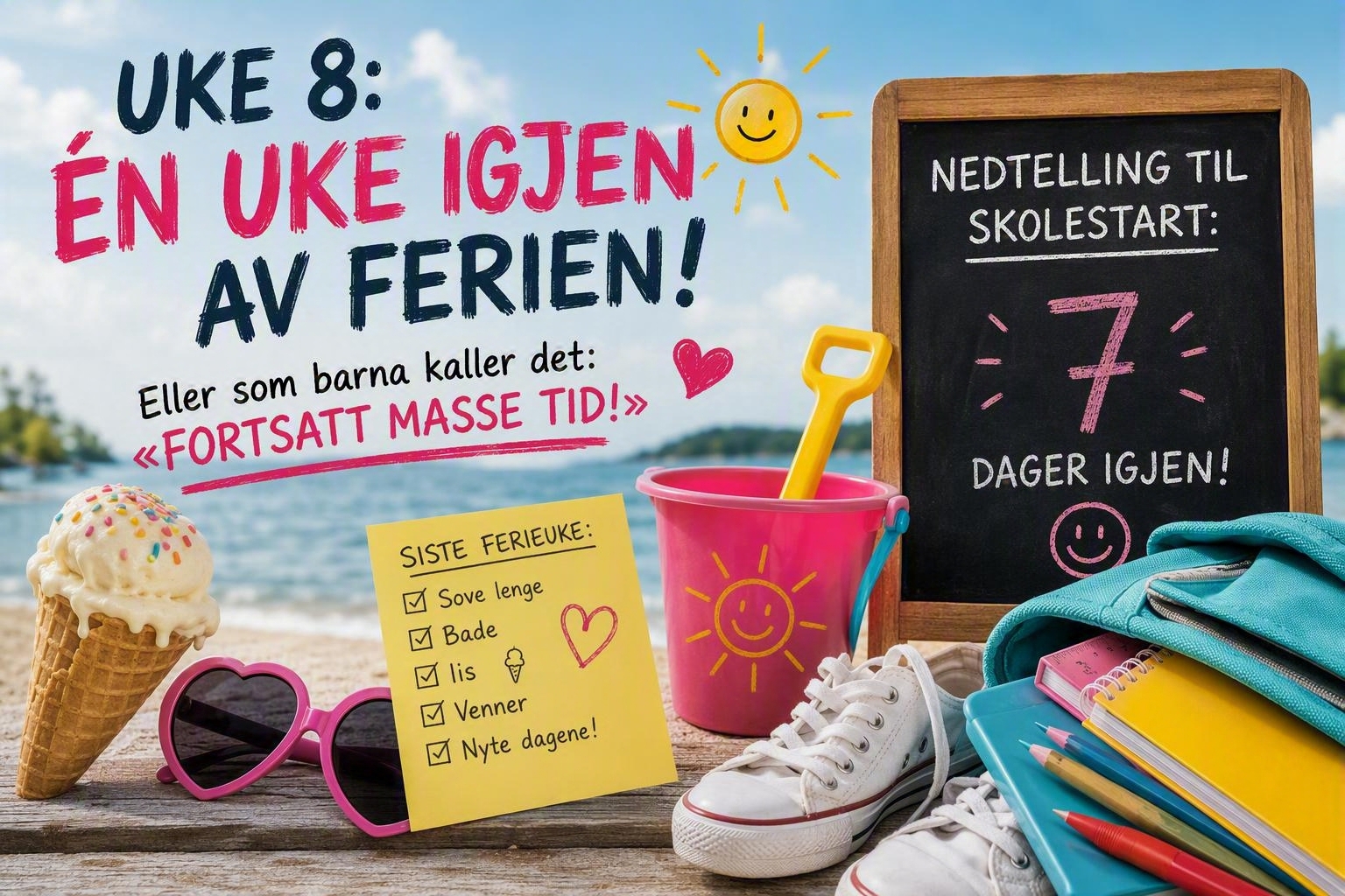 🌞 Uke 8: Én uke igjen av ferien – eller som barna kaller det: «Fortsatt masse tid!»